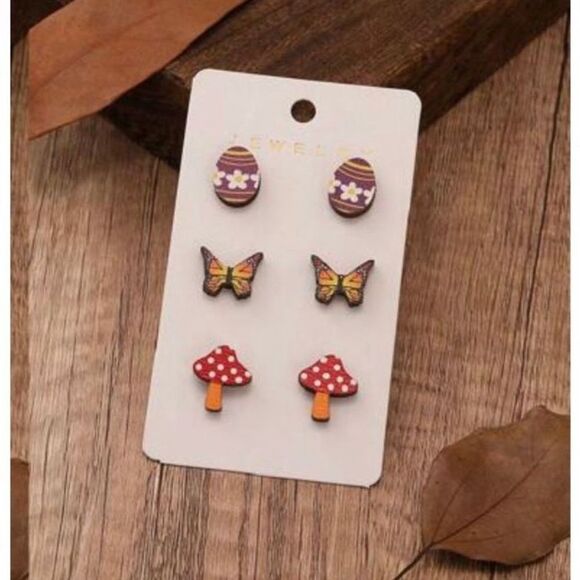 Cottage Indie Goblin Easter Egg Butterfly Mushroom Wooden Stud Earrings - Picture 2 of 4
